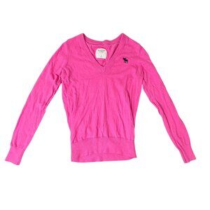 Abercrombie & Fitch Ribbed Hem Sweater V-Neck Bright Pink Size Small